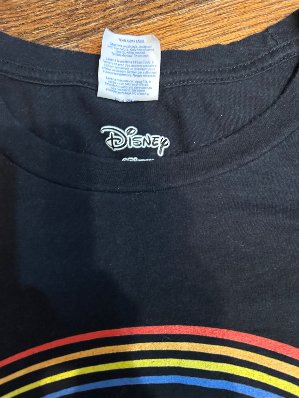 Disney Black Long Sleeve women’s Tee with Neon Green Shamrock and Rainbow - Picture 3 of 7